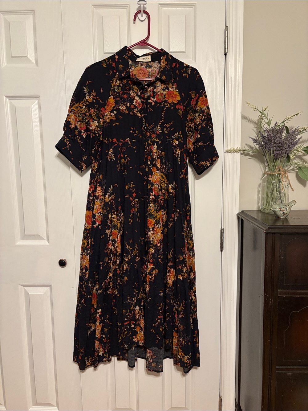 NATURAL LIFE Black Midi Dress with Rust and Mustard Floral Print